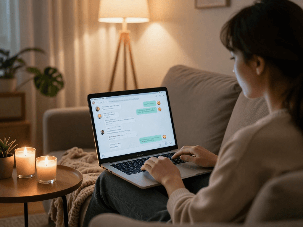 Engaging user interacting with AI chat porn on a laptop in a cozy home setting.