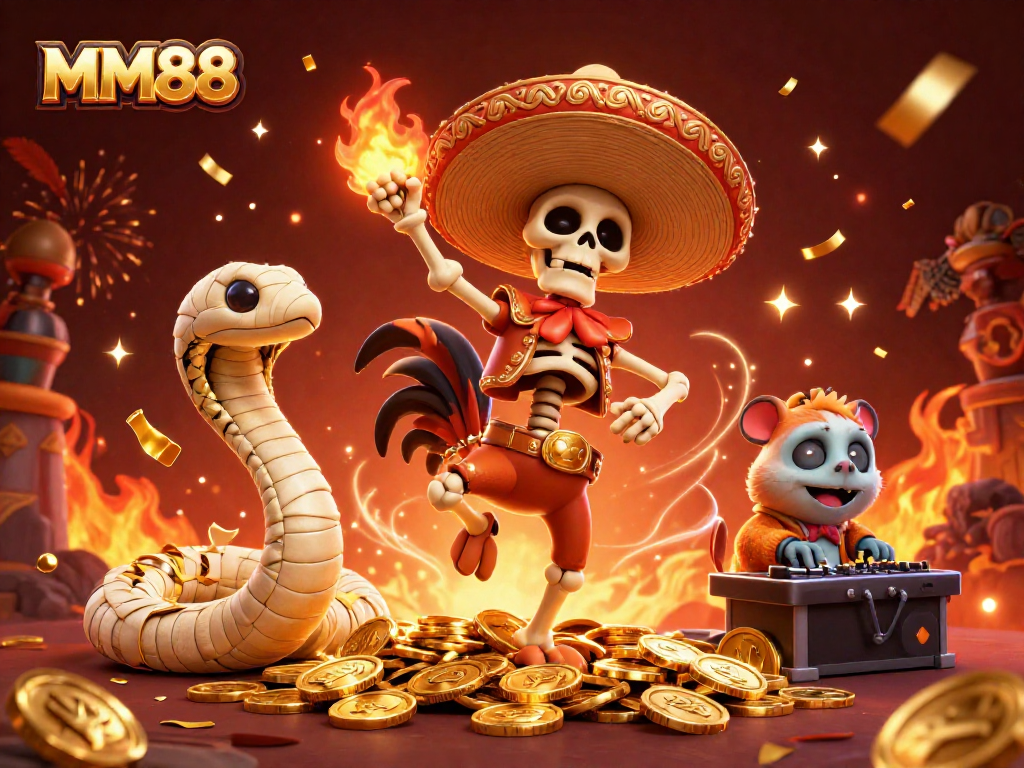 Experience the thrill of MM88 with a vibrant cockfighting celebration scene featuring gold and fire elements.