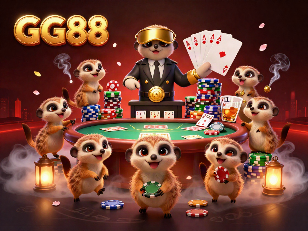 Engage with GG88's lively meerkat casino scene, showcasing dynamic poker action and whimsical atmosphere.