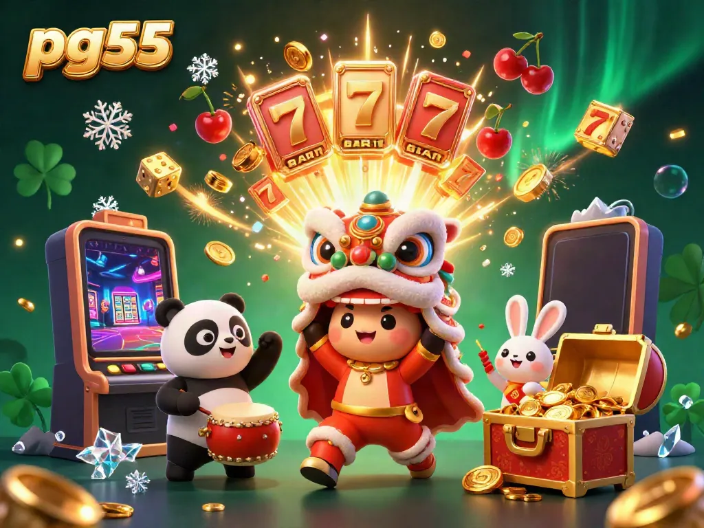 Witnessing a jackpot explosion at pg55 featuring lively characters and colorful casino elements.
