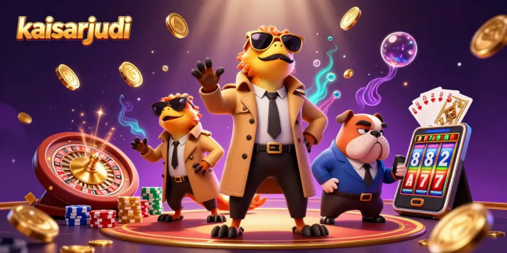 Kaisarjudi showcases three cartoon raptors in a trench coat attempting VIP entry amidst cascading coins and vibrant game elements.
