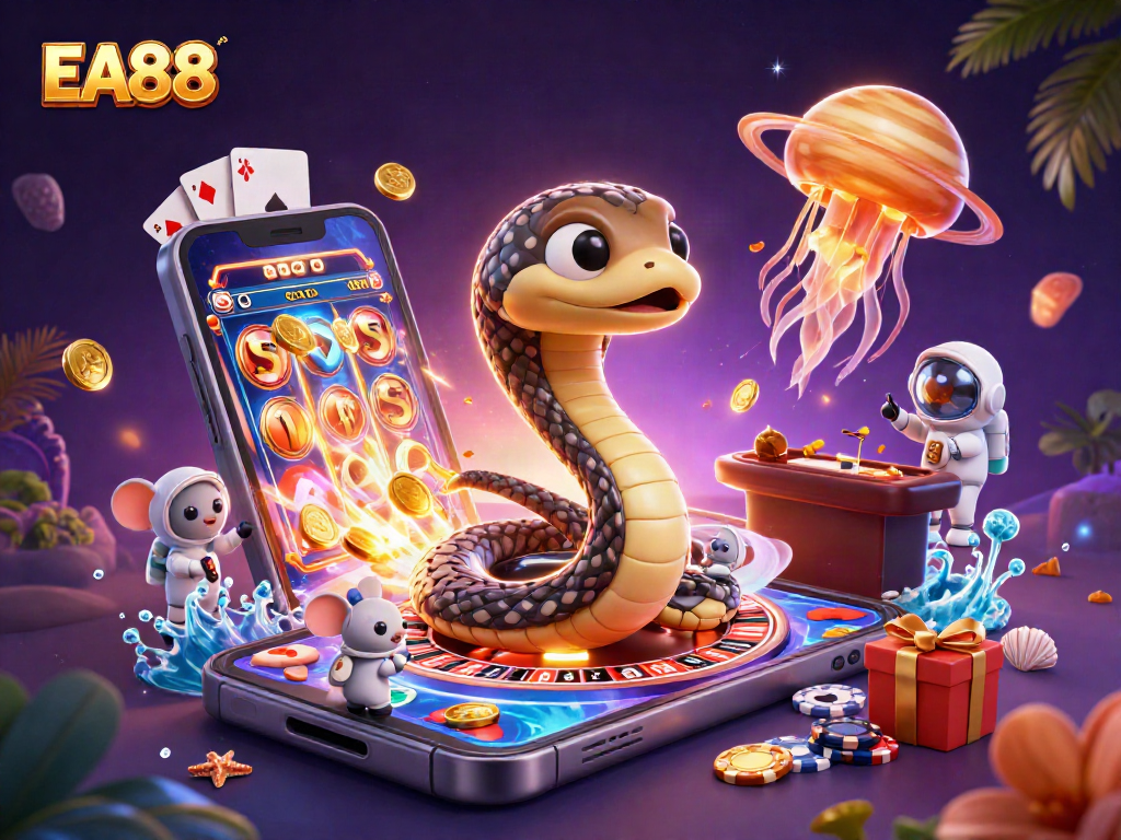 Engage with EA88 at a cosmic casino scene featuring playful astronauts and a charming jellyfish dealer.