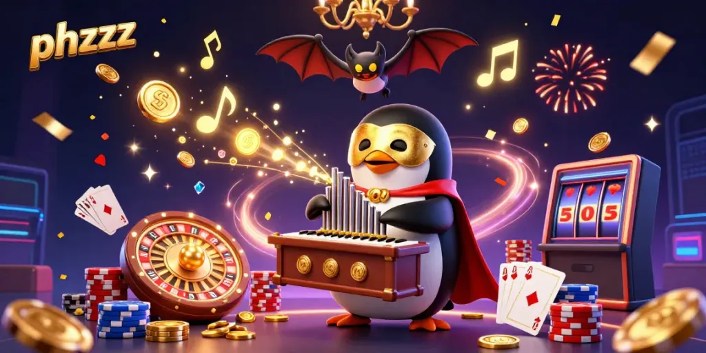 Engaging phzzz casino scene featuring a cartoon penguin playing an organ amidst golden coins and vibrant casino elements.