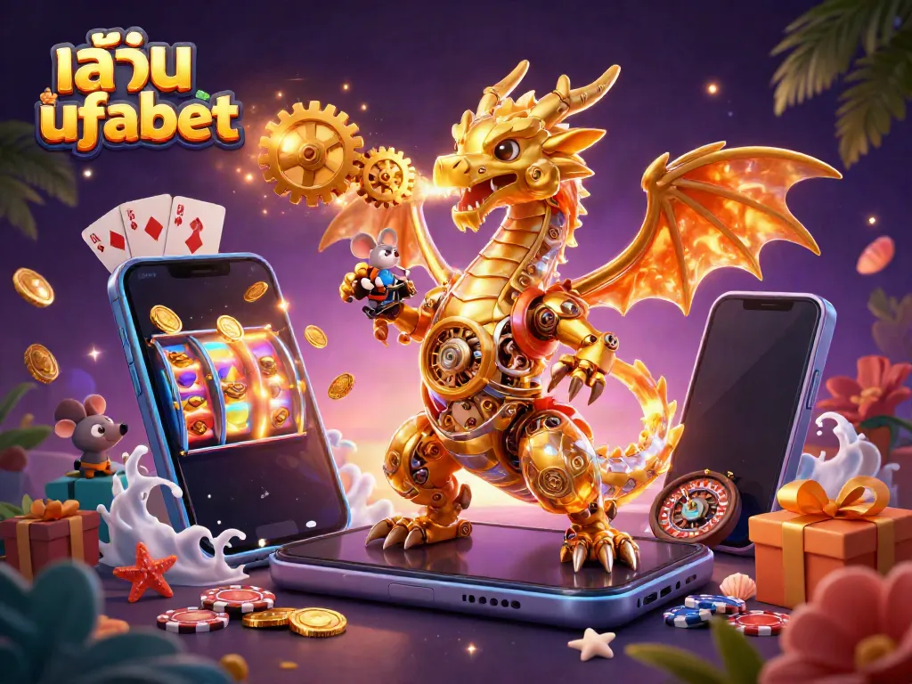 Experience the thrill of เล่น ufabet with our vibrant casino-themed 3D illustration, showcasing dynamic characters and gaming elements.