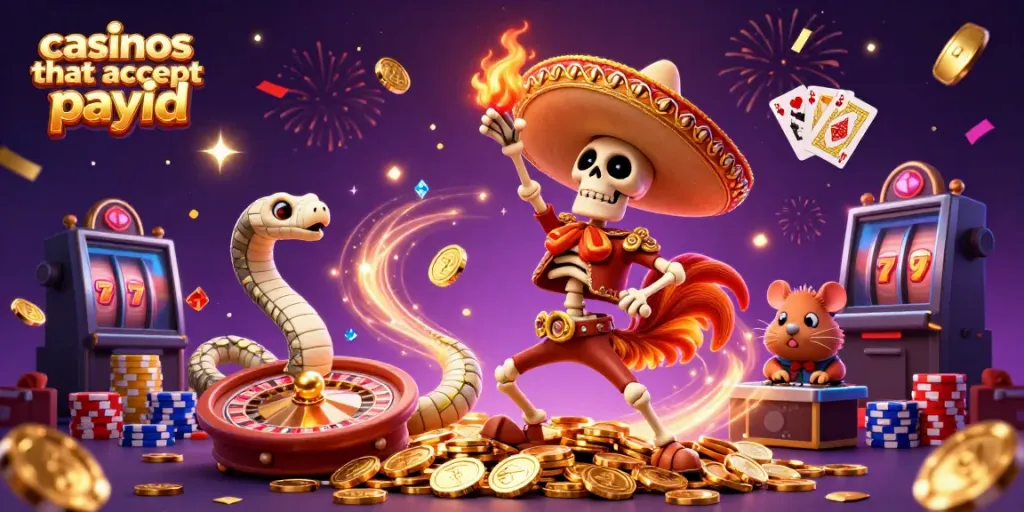 Experience the excitement at casinos that accept payid with vibrant characters celebrating over golden coins.