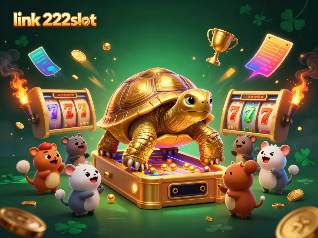 Tampilkan link 222slot dalam ilustrasi 3D yang meriah dengan karakter kura-kura emas dan mesin slot mengkilap.