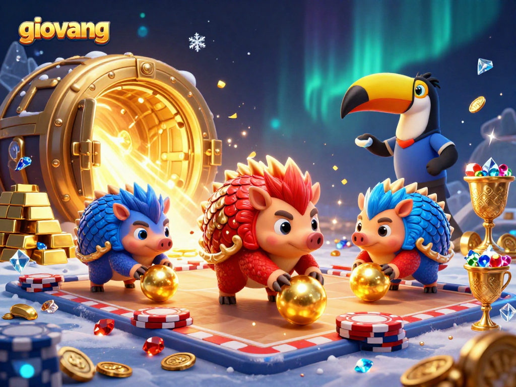 Experience the thrill of giovang with rival pangolins battling in a vibrant casino scene.