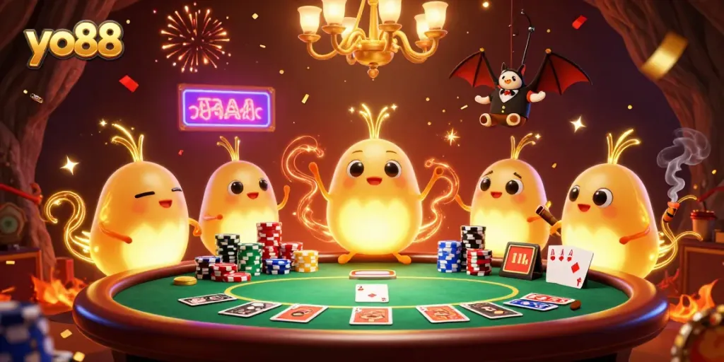 Experience exciting poker matches at yo88 with glowing glowworms in a vibrant casino scene.