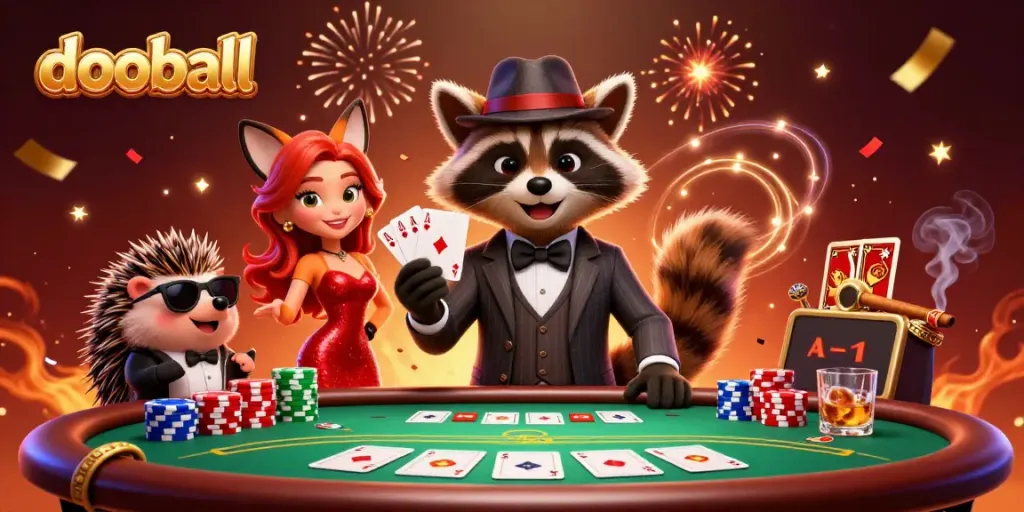 Experience the excitement of dooball with a suave raccoon and friends in a crowded casino setting.