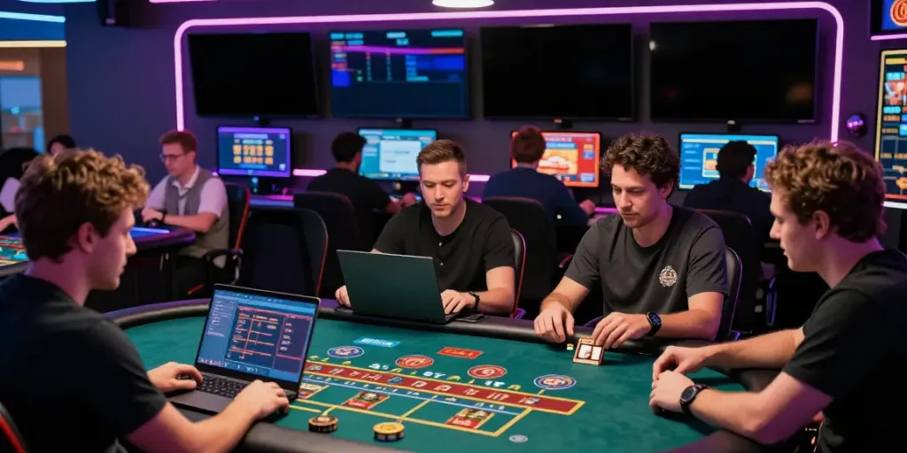 Engaging scene of players enjoying various games at credit card casinos UK, showcasing vibrant atmosphere and live interactions.