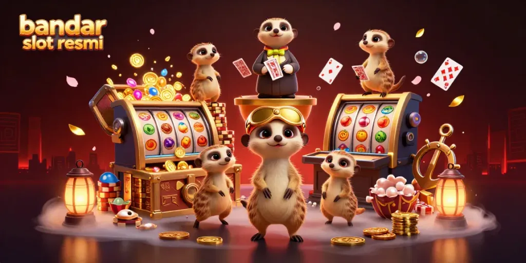 Ilustrasi menarik tentang bandar slot resmi dengan koloni meerkat menjalankan kasino dengan slot gacor dan simbol keberuntungan.