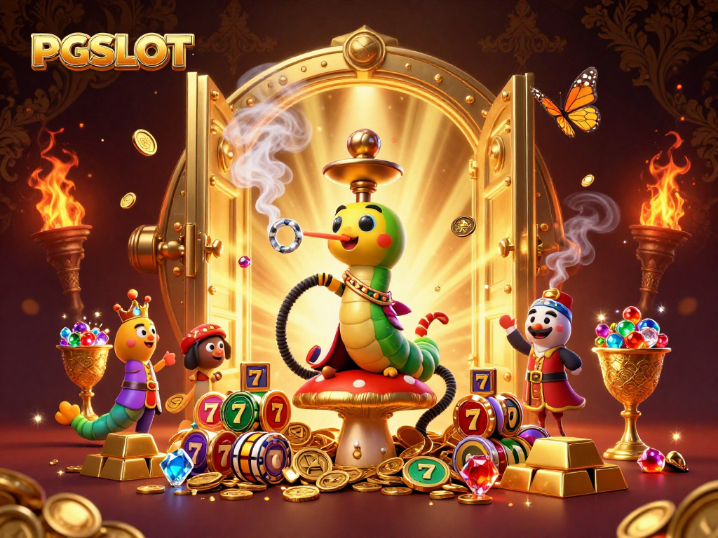 Spin the reels with PGSLOT in this vibrant 3D illustration showcasing a jackpot theme.