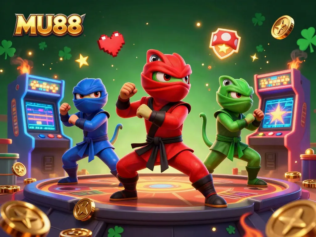 Engage with MU88 as ninja chameleons synchronize martial arts atop a vibrant casino rooftop.
