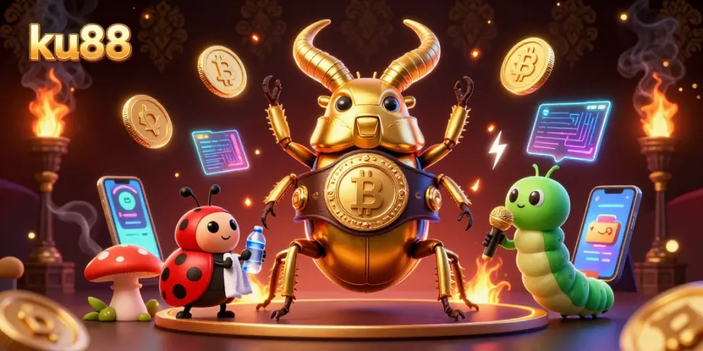 Bet on ku88 with thrilling casino activity illustrated by a golden stag beetle champion.