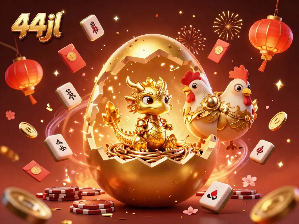 Experience excitement at 44jl with golden dragon and poker chips amidst festive decorations.
