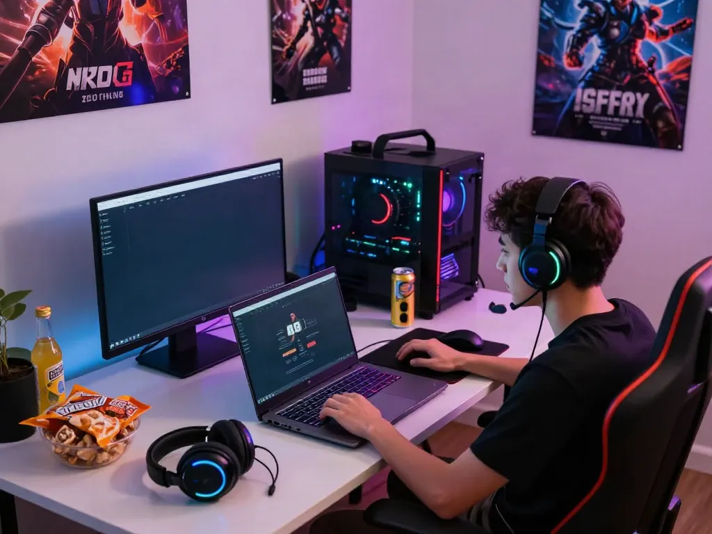 Person gaming on the A80 website with colorful LEDs and a vibrant setup.