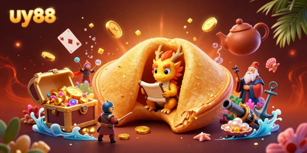 Experience the thrill of uy88 with a captivating golden fortune cookie, guarded by wise dragons and chopstick warriors in a vibrant casino scene.