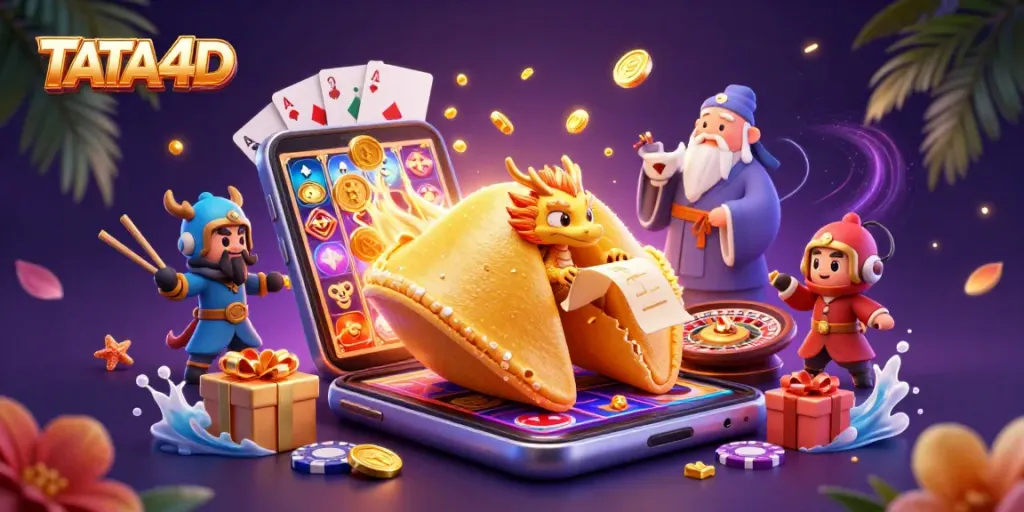 TATA4D brings excitement with a dynamic scene featuring a golden fortune cookie and gaming elements.