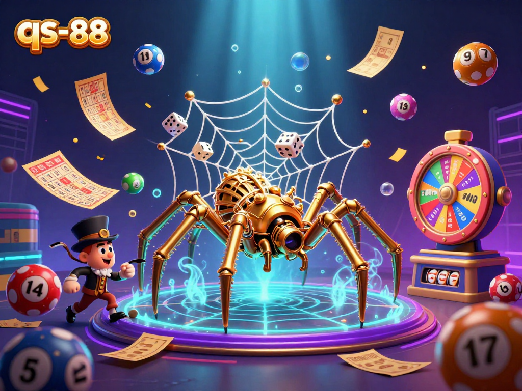 Experience the excitement of qs-88 with a vibrant lottery scene featuring dynamic characters and elements.