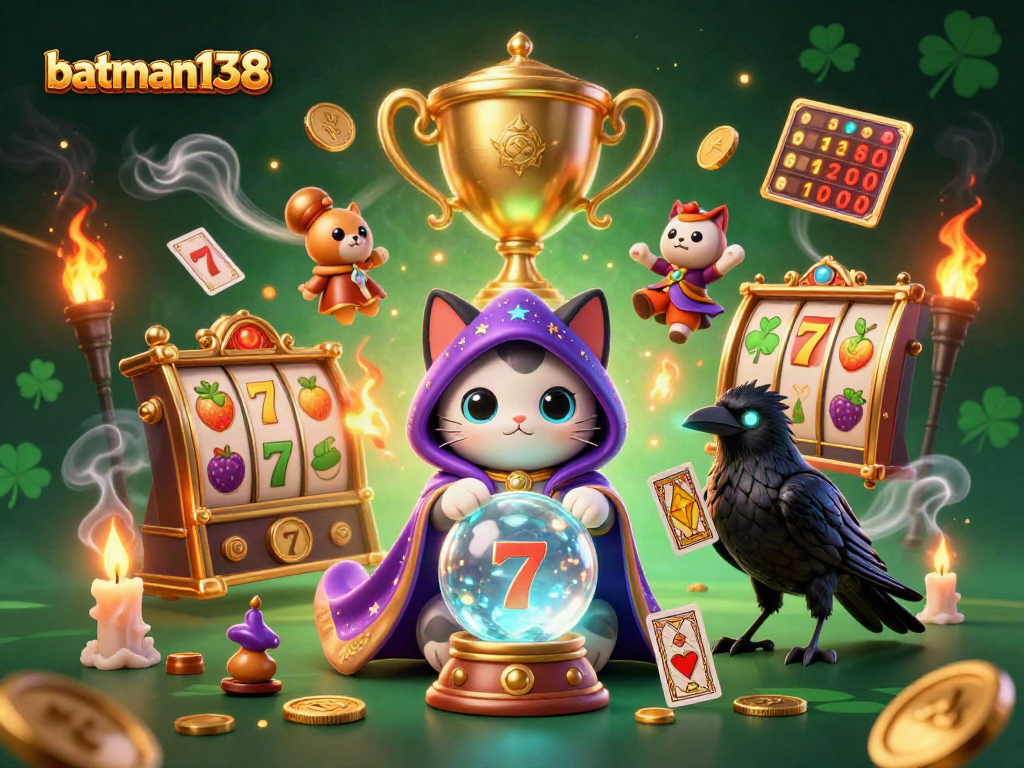 Join the excitement of batman138 with a vibrant and detailed gaming scene featuring slots and mystical characters.