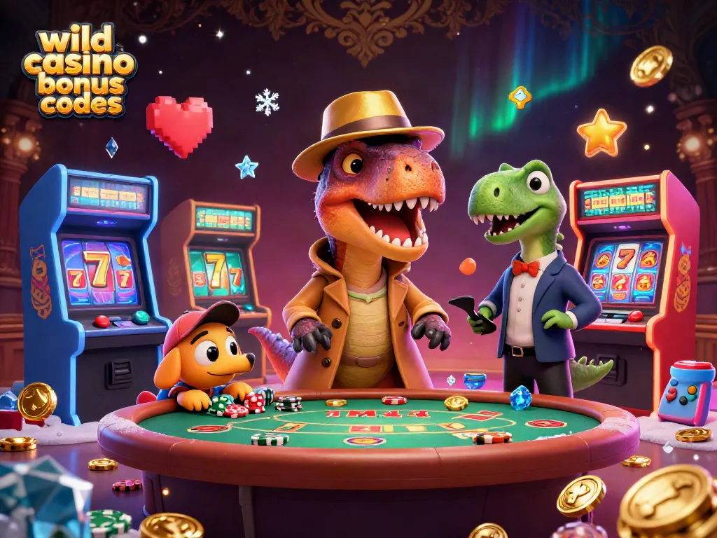 Engage with wild casino bonus codes while cartoon dinosaurs play blackjack and steal chips in a vibrant scene.