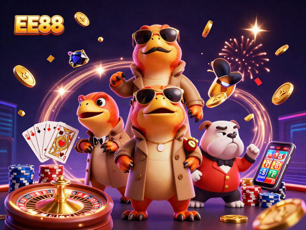 Engage with EE88's vibrant casino scene showcasing raptors in disguise and casino excitement.