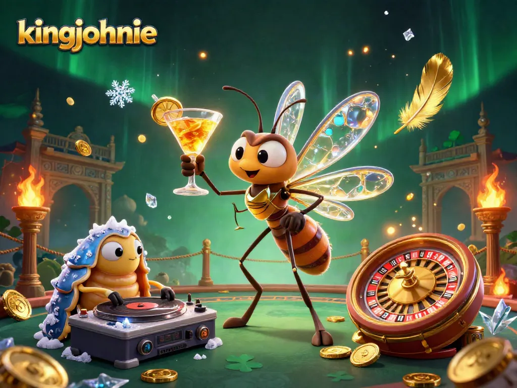 Engage with kingjohnnie's thrilling casino experience featuring an amber mosquito mascot and unique game elements.