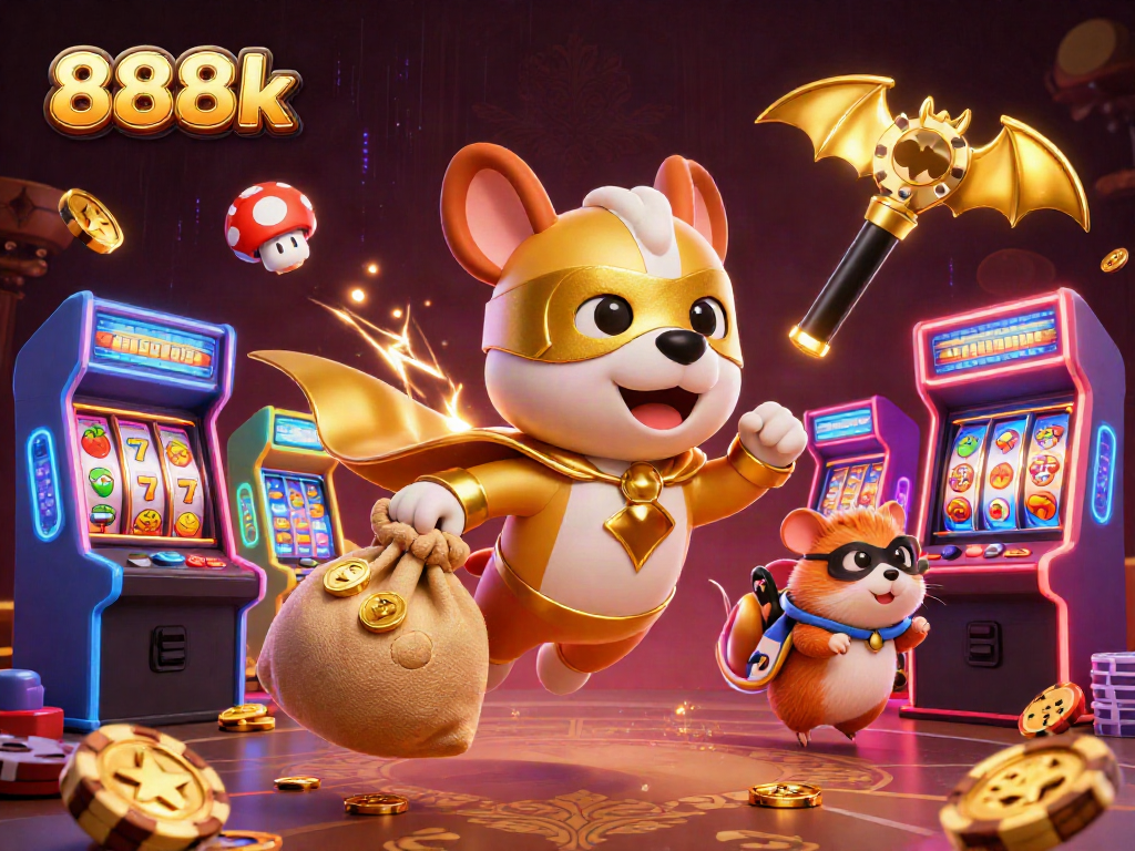 Engage in thrilling wins with 888k's vibrant casino-themed 3D illustration featuring a superhero dog.