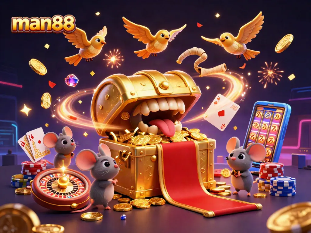 Win big at man88 with a dynamic 3D casino scene featuring treasure and gaming elements.