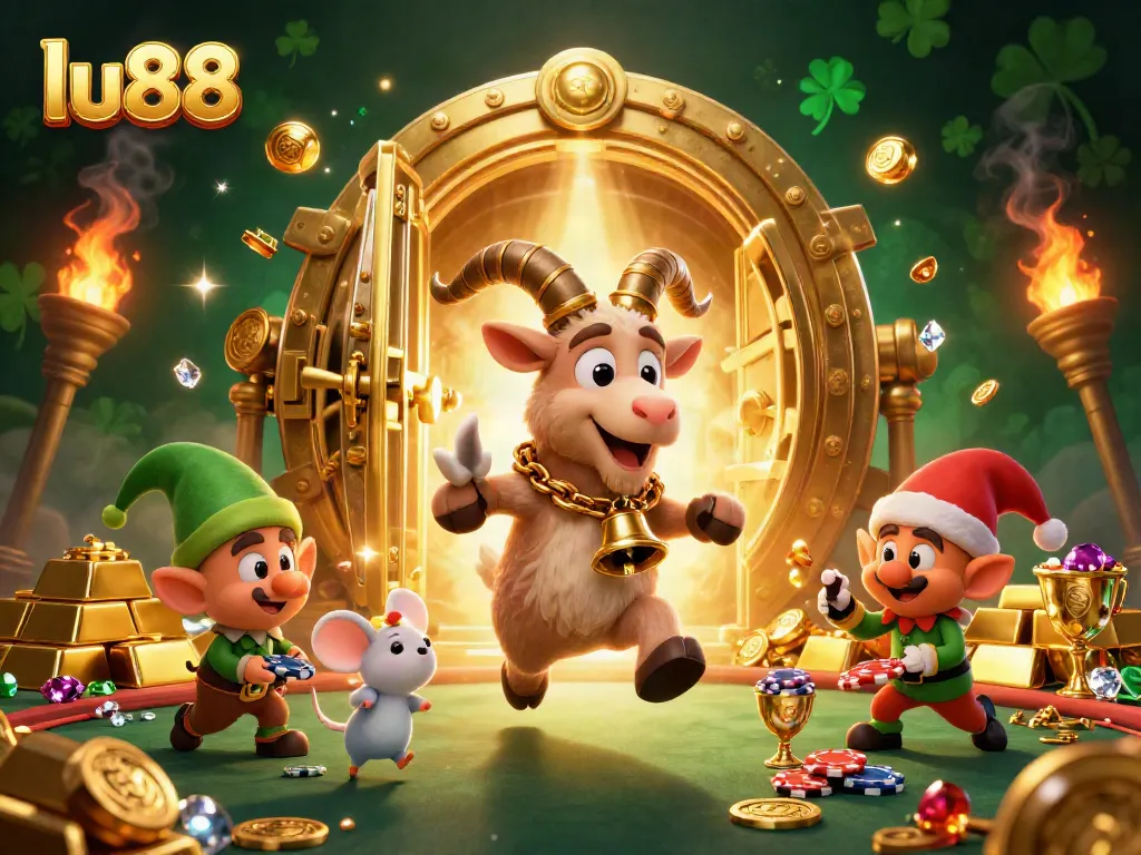 lu88 casino scene featuring Krampus, angel mouse, and gremlin characters amidst gold coins and dazzling gems