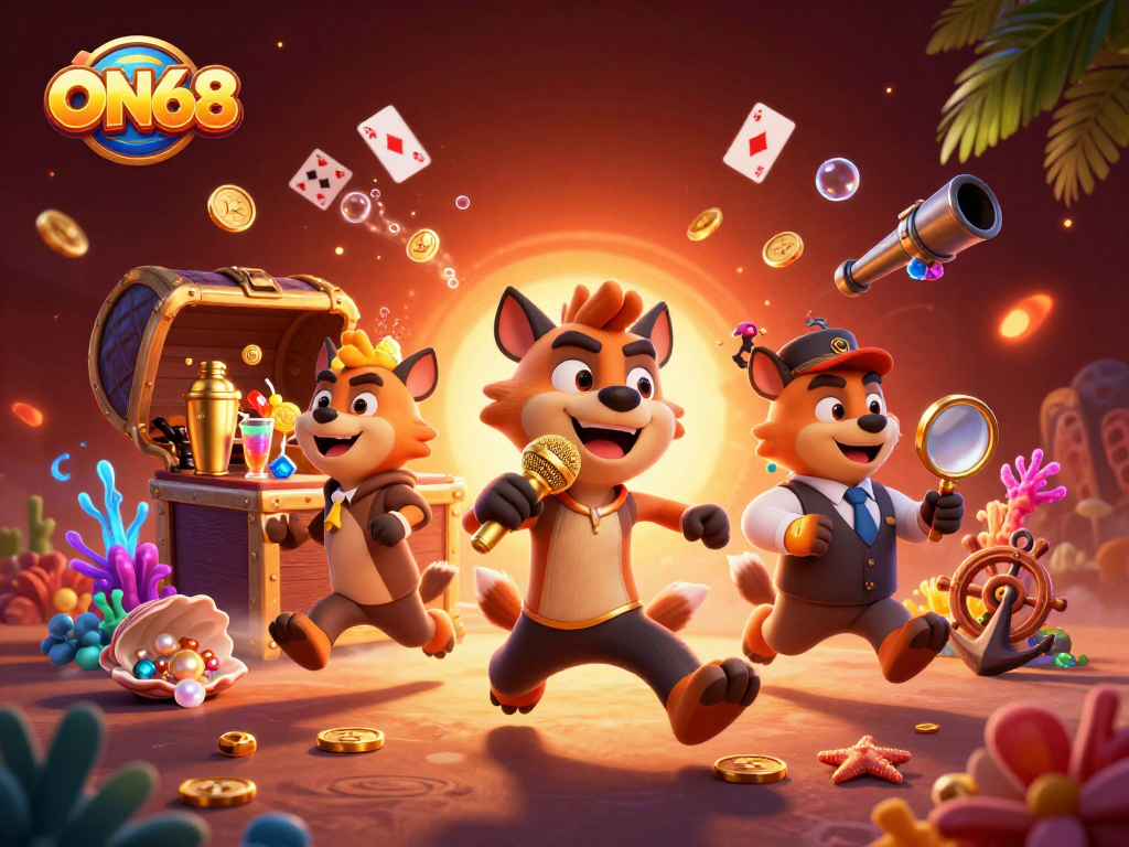 Experience the thrill of ON68 with hyenas in a vibrant casino scene mixing drinks and telling jokes.