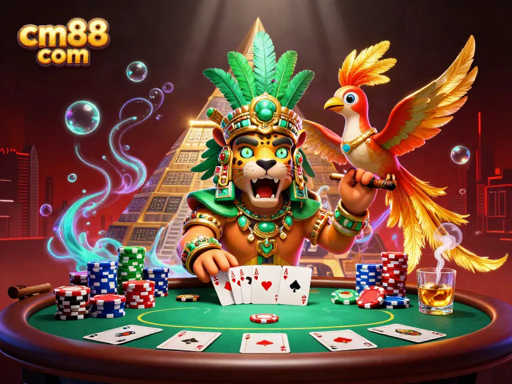 Experience excitement at cm88 com with vibrant poker action featuring Mayan characters and casino elements.