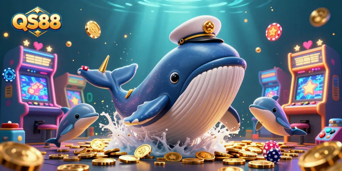 Experience the thrill of gambling with QS88 featuring a dynamic underwater scene of a whale, narwhal, and dolphins.