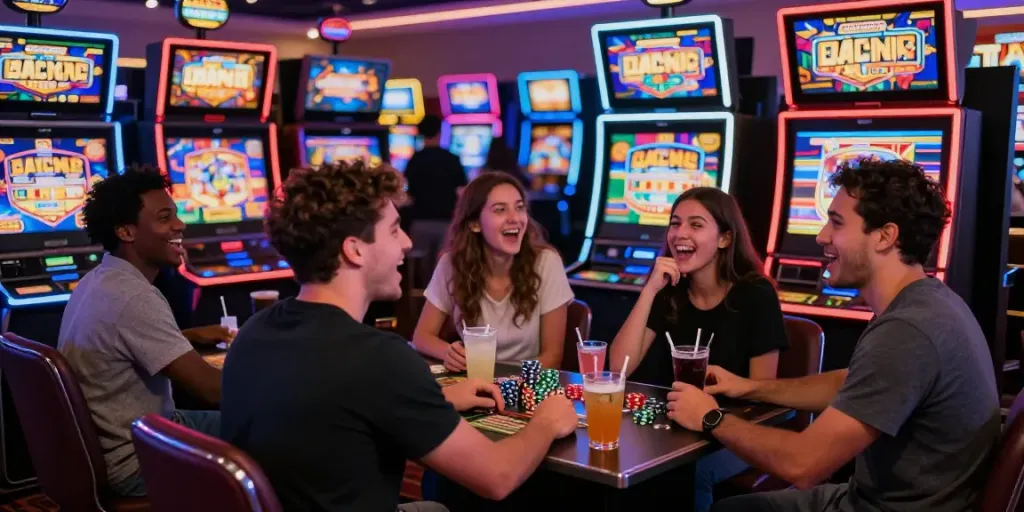Friends enjoying the excitement of slot gacor machines in a vibrant casino.