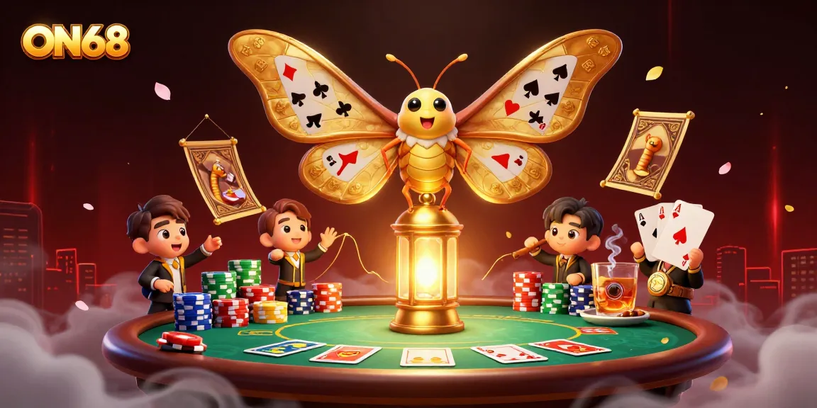 Engage with ON68 and experience a vibrant casino scene featuring a majestic moth and poker elements.