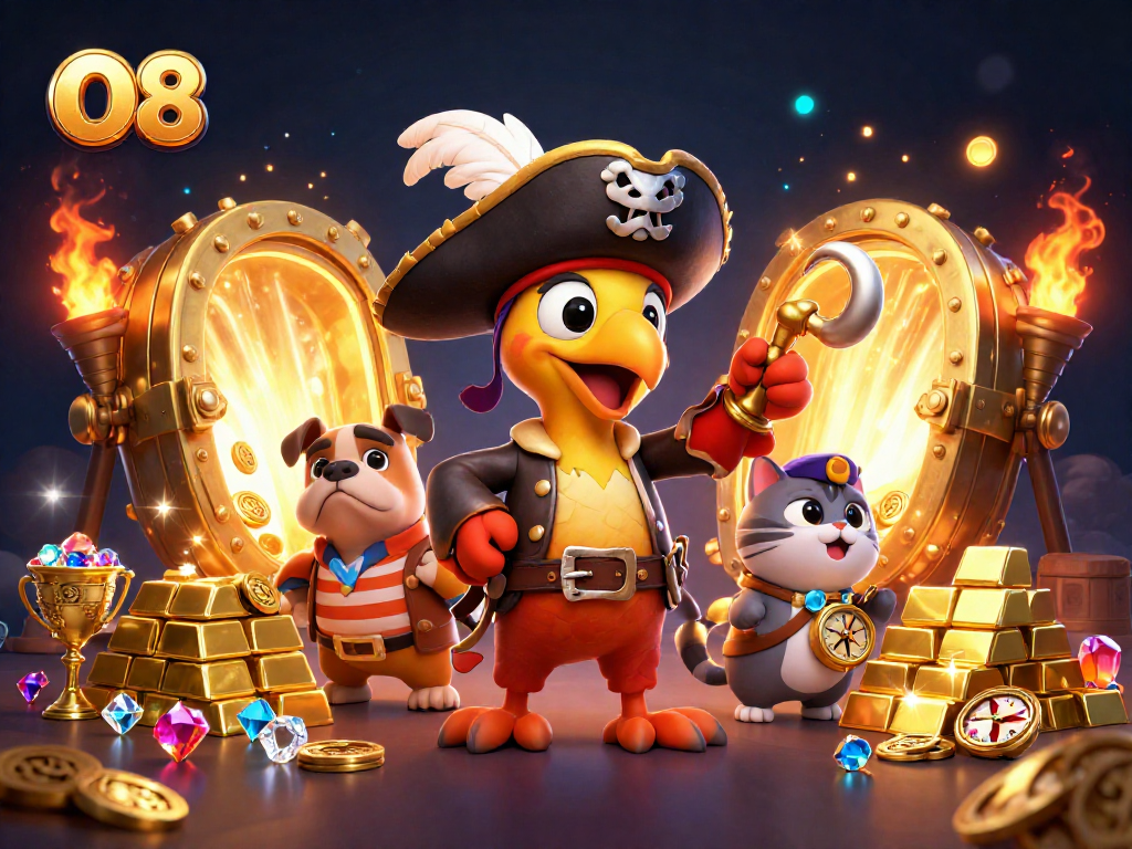 Experience thrilling adventures with O8 as the pirate captain and his crew navigate a treasure-filled casino world.