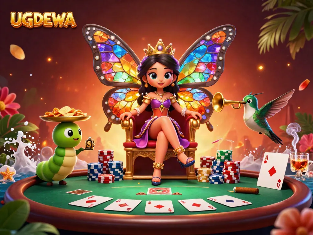 Experience the thrilling world of UGDEWA with vibrant characters and rich casino elements in a stunning illustration.