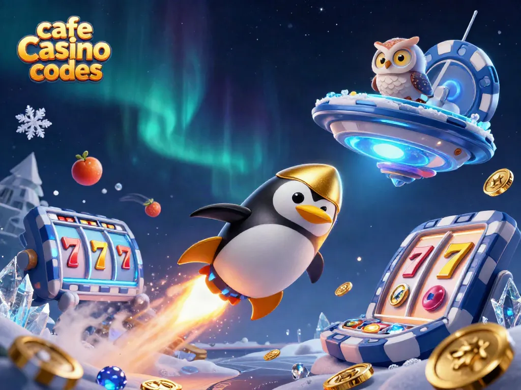 Experience cafe casino bonus codes in action with an adventurous penguin and vibrant slot elements.