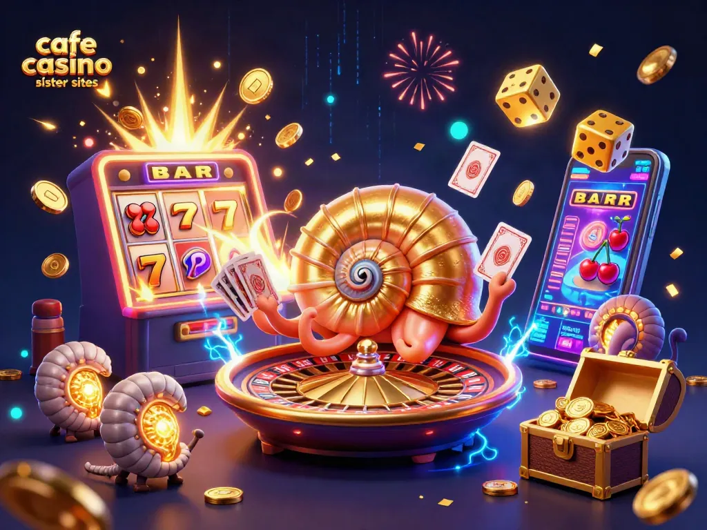 A dynamic scene illustrating cafe casino sister sites with a nautilus roulette wheel, glowing ammonites, and a slot machine explosion.