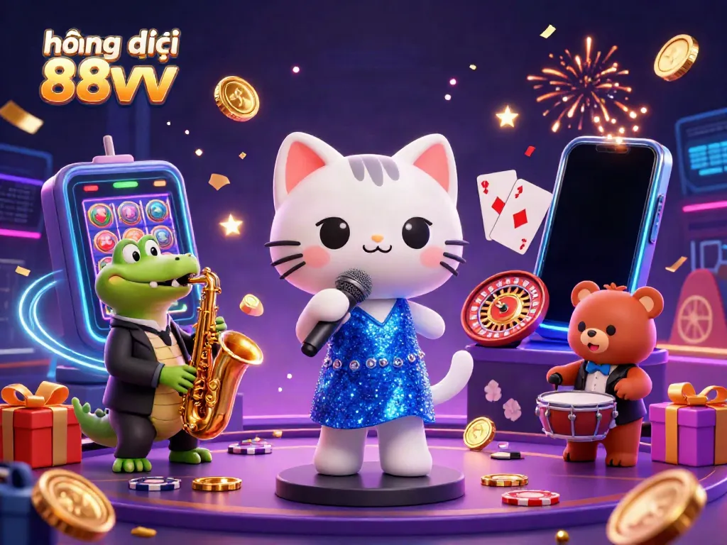 Engaging scene depicting hướng dẫn 88vv with a singing cat, crocodile playing saxophone, and bear cub drumming, amidst casino games.