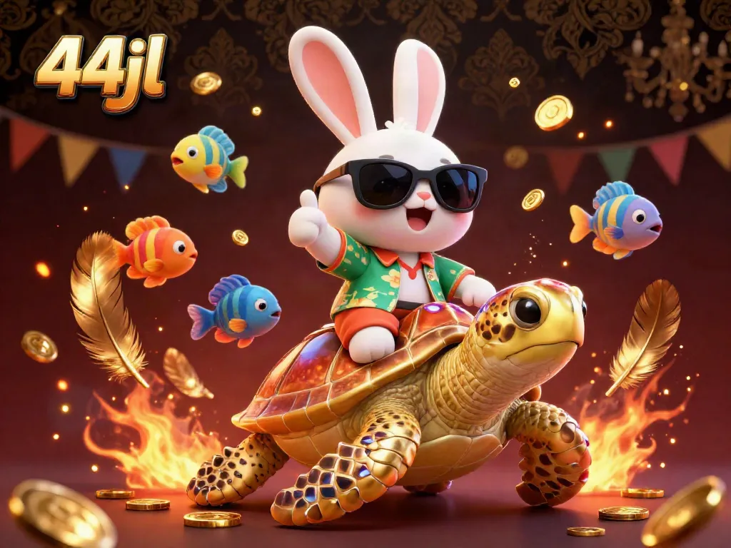 Engage with 44jl's vibrant casino world featuring a lucky rabbit and a golden turtle.