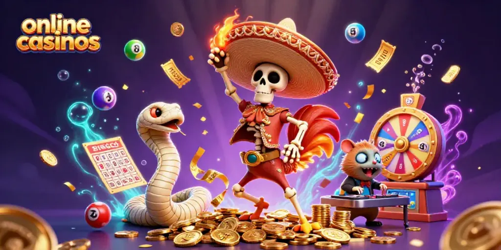 Experience thrilling online casinos with a vibrant victory dance and golden elements.