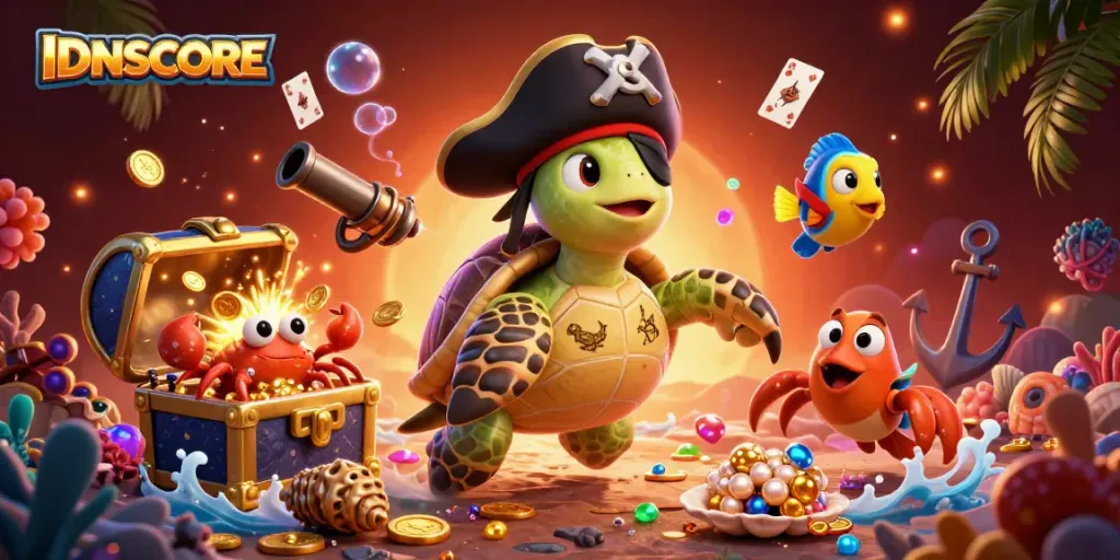 Engage with IDNSCORE through a vibrant underwater casino adventure showcasing characters amidst treasure and gaming elements.
