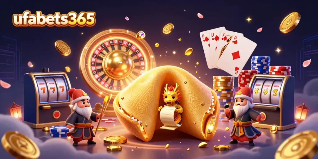 Engage with exciting games at ufabets365 featuring vibrant visuals of fortune cookies and casino elements.
