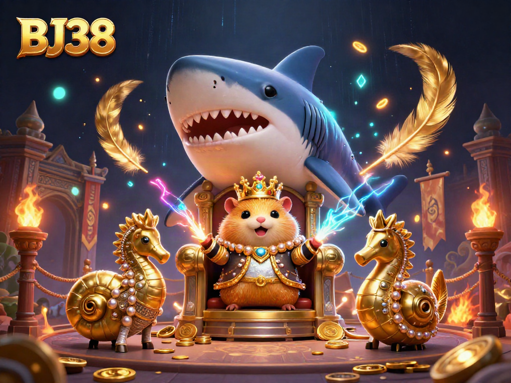Experience thrilling gameplay at BJ38 with a golden hamster king surrounded by dynamic betting elements and colorful casino features.