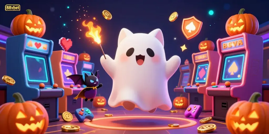 Enchanting 3D casino scene showcasing friendly ghost cat and vampire bat exploring 88vbet gaming thrills.