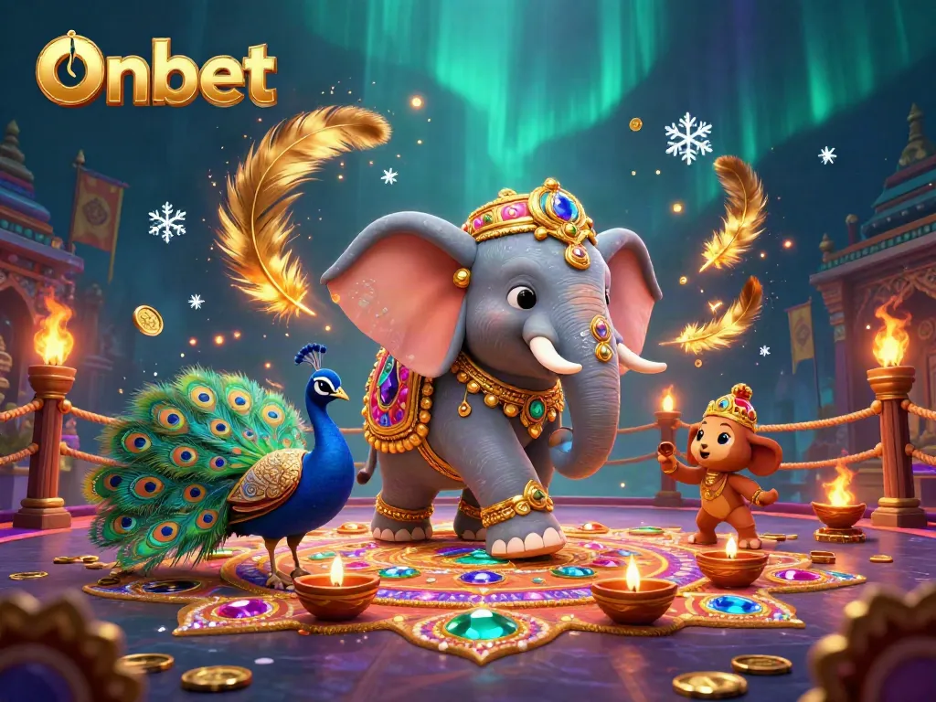 Engage in thrilling gaming at Onbet with vibrant 3D scene showcasing dynamic casino elements and festive characters.