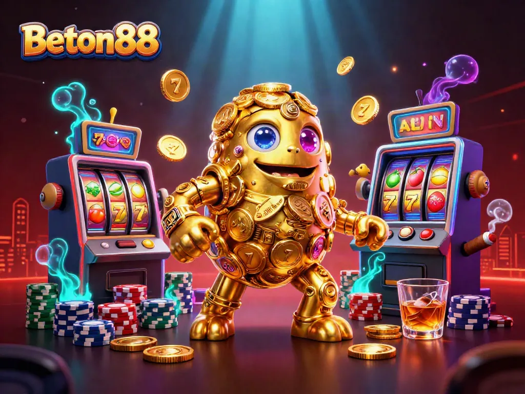 Beton88 menawarkan petualangan kasino yang menyenangkan dengan simbol mesin slot dan koin emas berputar.