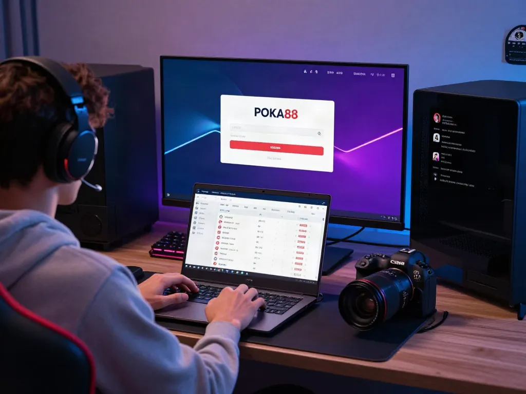 Engaged user accessing poka88 link login in a modern gaming setup with vibrant displays.