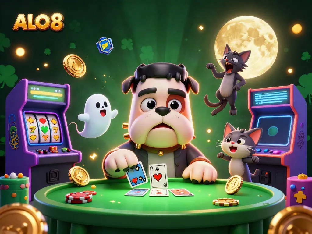 Engage with ALO 8's exciting casino atmosphere featuring cartoon characters and vibrant gaming elements.